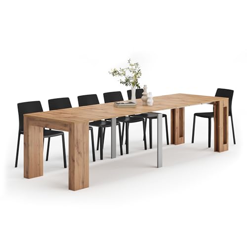 Easy, Extendable Console Table with Extension Leaves Holder, 17.7(120.1) x35.4 in, Rustic Oak, for 4-12 People, Space Saving Dining Table for Entrance, Living Room, Italian Furniture
