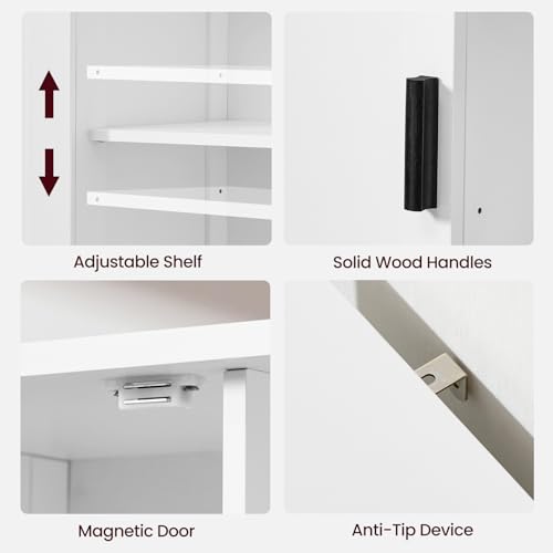 Storage Cabinet with 2 Doors and 4 Storage Shelves, Credenza Buffet Cabinet, Bathroom Cabinet for Living Room, Entryway, Home Office, White