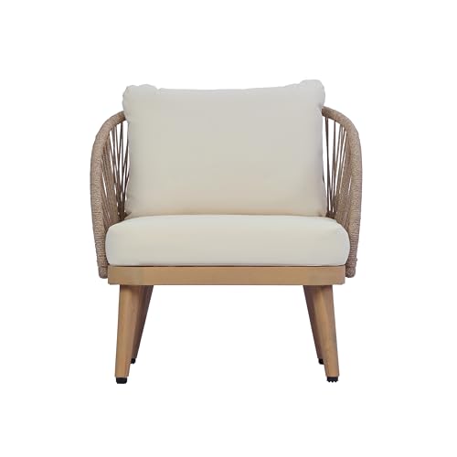 Lydia Boho Patio Furniture Acacia Wood Club Chair, Outdoor Lounge Chair, Modern Tub Accent Chair with Rope Woven and Removable Cushions, Deep & Sturdy Seating, Natural+Beige