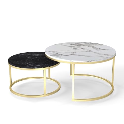Nesting Coffee Table Set of 2, 31.5" Round Coffee Table Wooden Marble Pattern Accent Furniture, Industrial End Table for Living Room Bedroom Balcony (WhiteBlack/Gold)