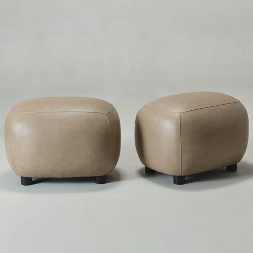 23" Wide Faux Leather Upholstered Ottoman Set of 2, Mid-Century Modern Living Room Footrest with Soft Padded Seat, Footstool for Bedroom, Entryway or Living Room, Khaki