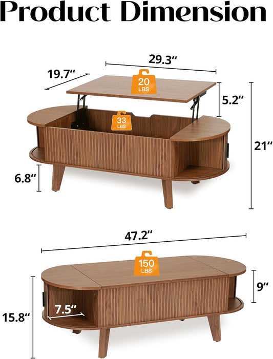 Oval Lift Top Coffee Table with Storage, 47.2" Mid Century Modern Living Room Center Table with 180° Sliding Tambour Door, Wood Fluted Coffee Table for Home Office, Walnut
