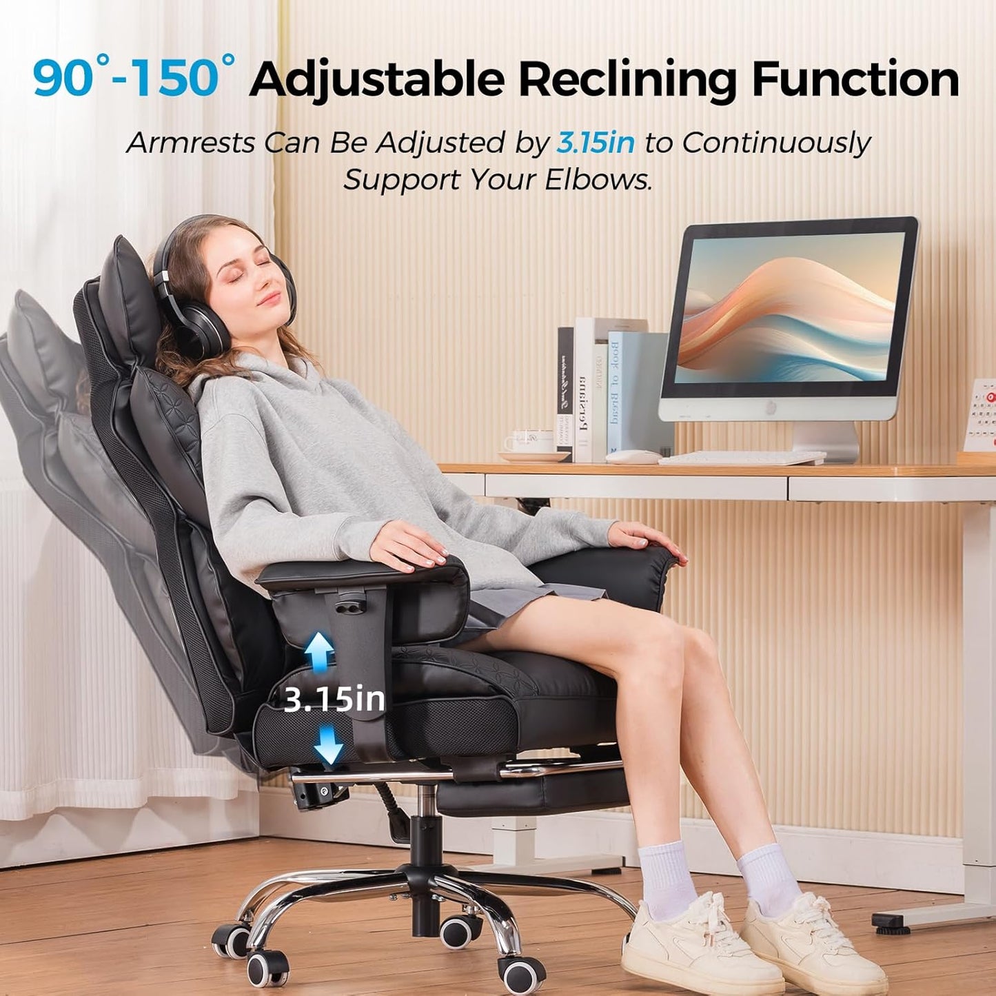Big and Tall Office Chair 400LBS Wide Ergonomic Gaming Chair with Deluxe Embossing Designed Leather with Foot Rest,150°Reclining Adjustable Armrests Pocket Spring Back Support and Pillow