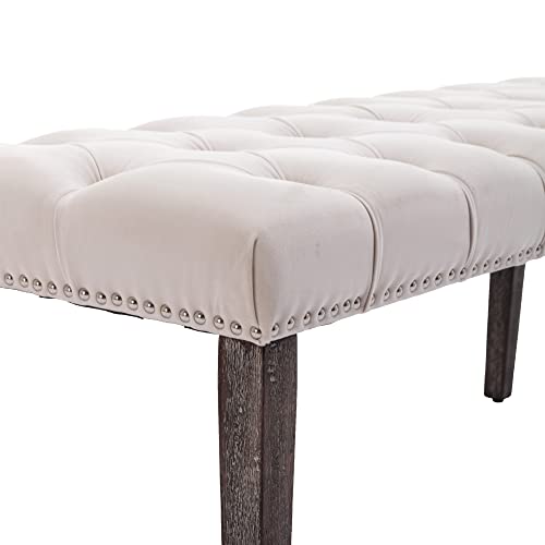 Button-Tufted Ottoman Bench, Upholstered Bedroom Benches Velvet Footrest Stool Accent Bench for Entryway Dining Room Living Room Bedroom End of Bed, Beige