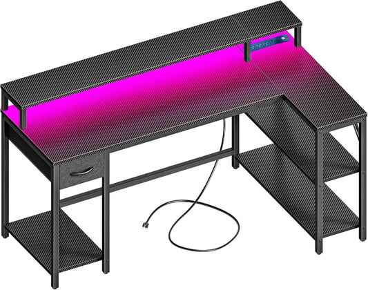 53 Inch Reversible L Shaped Desk with LED Lights & Power Outlets, Computer Desk with Shelves & Monitor Stand, Gaming Desk with Drawer, Home Office Desk Corner Desk, Carbon Fiber Black