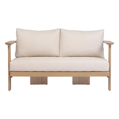 Kera Acacia Wood Outdoor Loveseat and Coffee Table Set, 2 Piece Patio Furniture Set with Water-Repellent Cushion, Solid Wood Outdoor Conversation Set, Beige+Brown