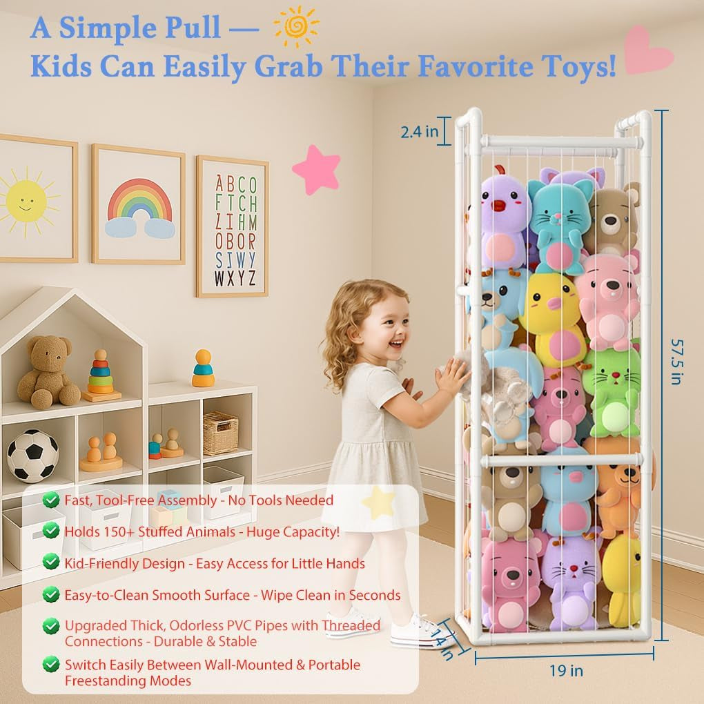 Large Stuffed Animal Storage Organizer - Vertical Zoo Cage & Toy Storage Organizer with Sturdy PVC Tubes - Space-Saving Plush Toy Holder for Kids Room Playroom - Easy Assembly & Fun Cleanup