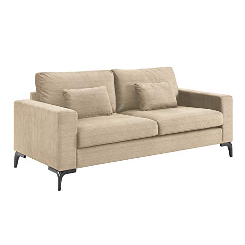Tommy Hilfiger Austin Upholstered Sofa, Contemporary Square Arms Living Room Couch for Small Space, Plush Cushions, Wooden Frame and Legs, American Cream
