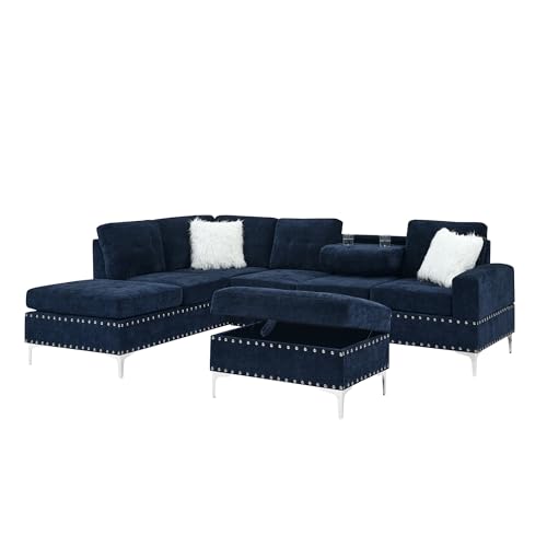 108'' Sectional Couches for Living Room, Modular 5-Seater Couch Sofa with Reversible Chaise & Cup Holders, L-Shaped Corner Sofa with Storage Ottoman for Apartment Office (Chenille, Navy Blue)
