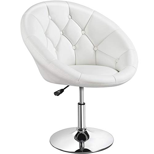 Yaheetech Leather Vanity Chair with Back, 360° Swivel & Adjustable Height, Tufted Makeup Desk Chair for Bedroom, Dressing Table & Living Room, White