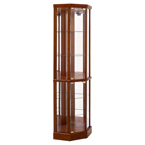 Oak lighted corner curio cabinet with glass shelves and mirror back, view 8