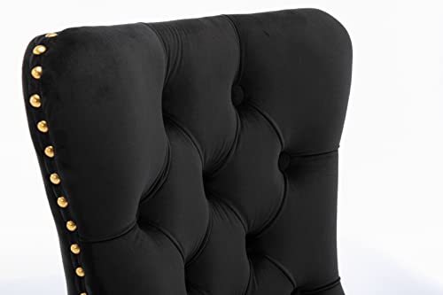 Solid Wood Velvet Upholstered Dining Chair with Golden Stainless Steel Plating Legs,Contemporary Design W/Nailhead Trim,Set of 2,for Living Room,Apartment,Black and Gold