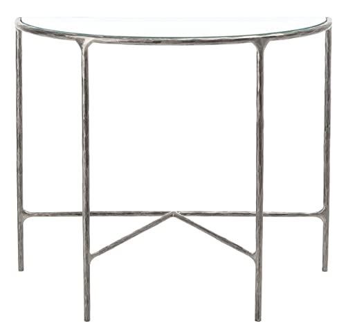 SAFAVIEH Couture Home Collection Jessa Silver Metal/Tempered Glass Top Half Moon Entryway Living Room Console Table (Fully Assembled)