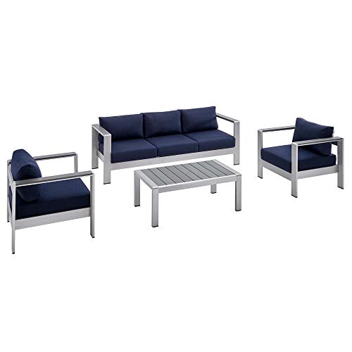 Shore Aluminum 4 Piece Outdoor Patio Furniture Set | Sturdy Anodized Frames | Sunbrella Cushions | Ideal for Casual Gatherings