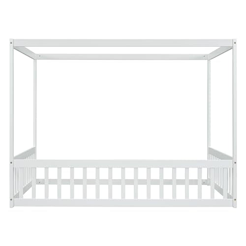 Full Size Canopy Bed Frame with Guardrails for Kids, view 7
