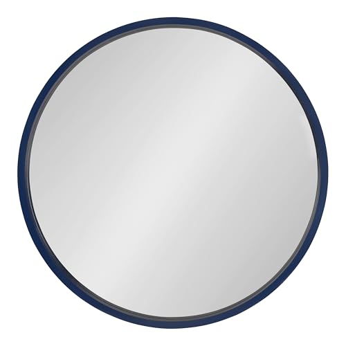 Travis Round Wood Wall Mirror, 25.6" Diameter, Navy Blue, Modern Wall Décor Accent