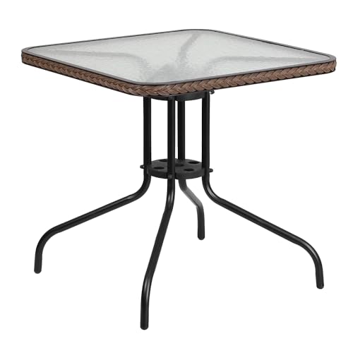 Barker 28'' Square Tempered Glass Metal Table with Dark Brown Rattan Edging