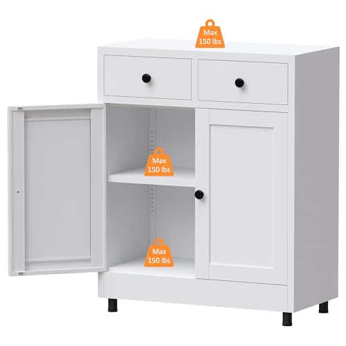 Metal Storage Cabinet with 2 Drawers and Adjustable Shelf, Sideboard Buffet Cabinet for Home, Office, Hallway, Entryway, Living Room, Kitchen Pantry and Dining Room (White)