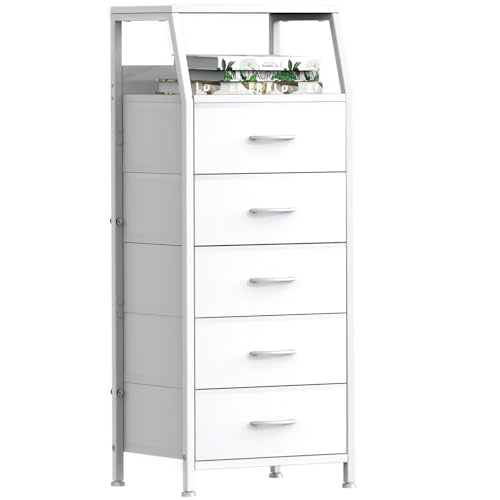 5 Drawers White Tall Fabric Dresser for Bedroom, Dorm Nightstand, view 2