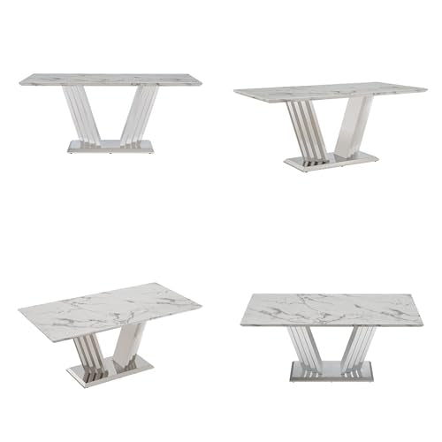 Marble Dining Table for 6 People, 70'' Rectangle Faux Marble Dining Table with Mirrored Stainless Steel Base, Large Size Marble Kitchen Table (Silver,White)(only Table)