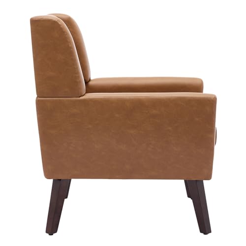 Faux Leather Accent Chairs Set of 4, Modern Arm Club Chair Upholstered Armchair for Living Room, Comfy Single Sofa Seats Button Tufted Reading Seating, Brown