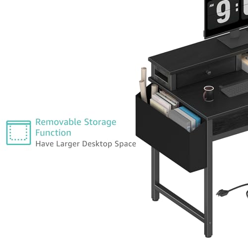 Small Desk with Drawers for Home Office Bedroom, 31 inch Black Writing Study Desks with Fabric Drawers Storage, Gaming Desk Table with Power Outlet & Monitor Stand, Black