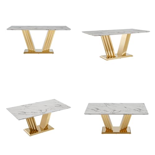 Marble Dining Table for 6 People, 70'' Rectangle Faux Marble Dining Table with Mirrored Stainless Steel Base, Large Size Marble Kitchen Table (Gold,White)(only Table)