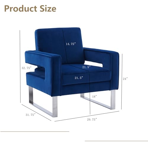 Velvet Accent Chair, Modern Blue Accent Chair for Living Room, Upholstered Living Room Chair for Home Office, Stainless Steel Sliver Base