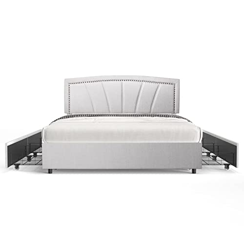 Storage Bed Frame Upholstered Low Profile Traditional Platform with Tufted and Nail Headboard/No Box Spring Needed/4 Pull Out Drawers/Light Grey Linen Fabric (Full Size)