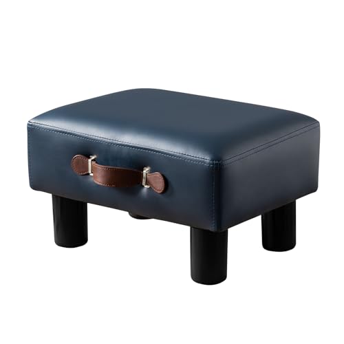 Small Foot Stool with Handle, Blue PU Leather Short Foot Stool Rest, Rectangle Storage Foot Stools Ottoman with Plastic Legs, Padded Footstool Small Step Stool for Living Room, Office, Desk, Patio