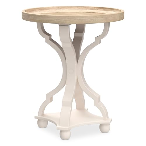 Farmhouse Cottagecore End Table, Rustic Wood Tray Top Round Accent Table with White Curved Legs for Family Room, Living Room, or Small Spaces