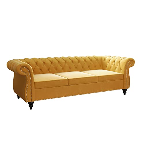 Chesterfield Sofa Velvet, Modern Tufted Couch 3 Seater with Rolled Arms and Nailhead for Living Room, Bedroom, Office, Apartment (Mango)