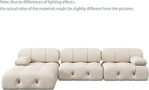 L-Shaped Sectional Couch, 104'' Minimalist Velvet Floor Sofas Couches, Mid-Century Modular Sectional Sofa with Reversible Chaise Ottoman for Living Room, Apartment (3-Seat, 1 Ottoman, Beige)