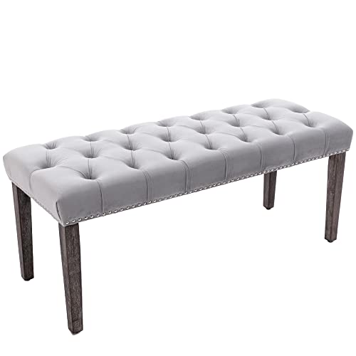 Button-Tufted Ottoman Bench, Upholstered Bedroom Benches Velvet Footrest Stool Accent Bench for Entryway Dining Room Living Room Bedroom End of Bed, Gray