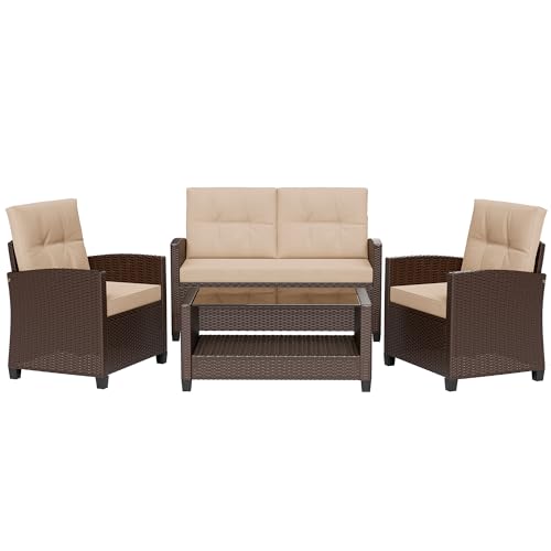 4 Piece Patio Furniture Set, Outdoor Rattan Conversation Set with Coffee Table, Outside Wicker Sectional Sofa Couch with Cushion, Brown and Khaki