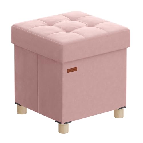 SONGMICS Small Storage Ottoman, Folding Ottoman Cube, 15 x 15 x 15.7 Inches, Footstool, Footrest, 10 Gal. (37 L), Velvet Surface, for Bedroom, Living Room, Dorm, Jelly Pink ULSF0516R01