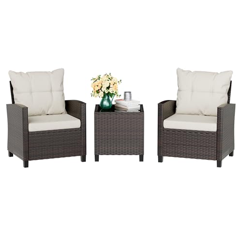 3 Piece Patio Furniture Set Small Outdoor Wicker Rattan Front Porch Bistro Set Cushioned Patio Chairs Conversation Set with Glass Table for Lawn, Garden, Backyard, Balcony, Poolside (Beige)