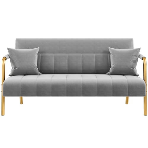 Yaheetech 56.5" W Modern Sofa Small Sofa Luxurious Velvet Fabric Couch with Gold-Tone Metal Arms and Legs for Living Room, Home Office, Studio Light Gray
