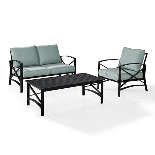 Crosley Furniture KO60014BZ-MI Kaplan Outdoor Metal 3-Piece Seating Set (Loveseat, Arm Chair, Coffee Table), Oiled Bronze with Mist Cushions