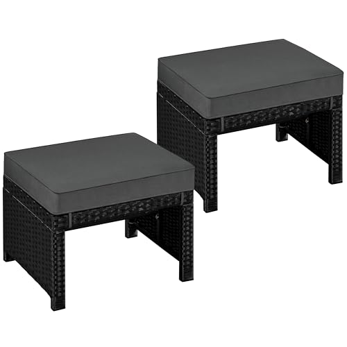 Black and gray wicker ottomans with removable cushions, set of 2, view 2