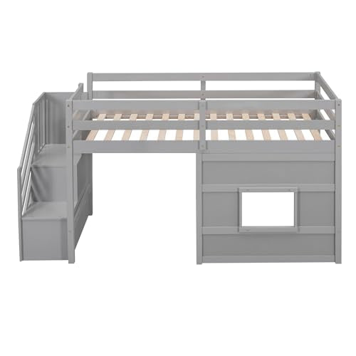 Low Loft Bed with Stairs, Twin Wooden Loft Bed Frame for Kids with Storage, Gray