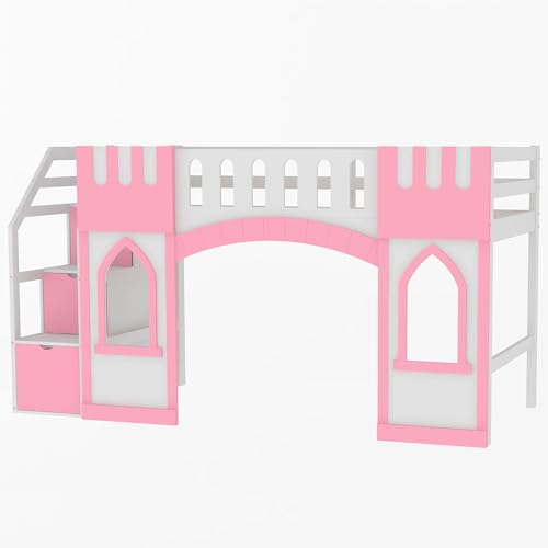Wood Loft Bed Frame with Storage Stairs, Low Loft Bed with Window and Under-Bed Storage Space for Kids Boys Girls, Box Spring Not Required, Pink(Twin Size)