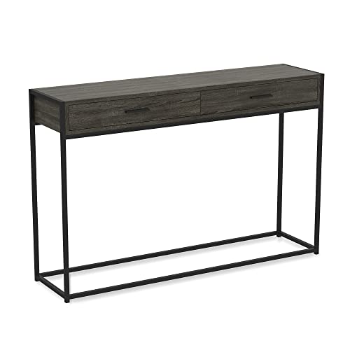& Co. - Dark Grey Console Table with Black Metal Leg, Hallway Table with Drawers, Use As Doorway Table, Hallway Desk, or Accent Furniture for Decorating Foyer, 48 x 12 x 32 Inches