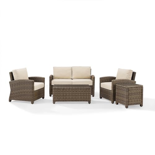 Crosley Furniture KO70050WB-SA Bradenton Outdoor Wicker 5-Piece Seating Set (Loveseat, 2 Arm Chairs, Side & Coffee Table), Weathered Brown with Sand Cushions