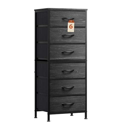 Tall Dresser for Bedroom, 6 Drawer Chest of Drawers, Black Wood Grain, view 2