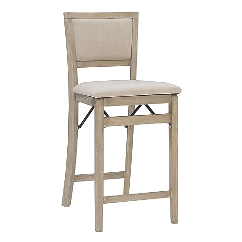 Keira Natural Rustic Wooden Folding 25 Inch Seat Height Counter Stool with Beige Upholstered Seat and Back