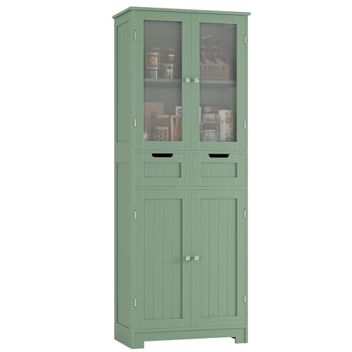67" Tall Bathroom Storage Cabinet, Freestanding Storage Cabinet with Glass Door and Shelves, Kitchen Pantry Linen Cabinet with 2 Drawers for Bathroom, Living Room, Dining Room, Green