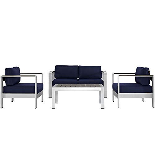 Shore Outdoor Patio Collection | Durable Aluminum Sectional Sofa Set - Silver Navy | Enhance outdoor relaxation with this elegant furniture set. Includes Coffee Table, Loveseat, and Armchairs.