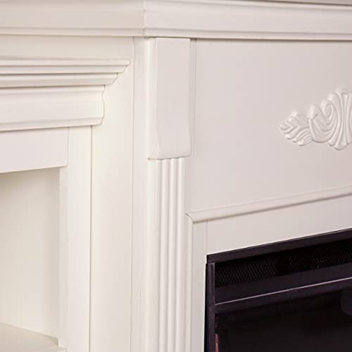 Tennyson Touch Screen Electric Fireplace with Book Shelves - Ivory - Transitional Design, Ivory Glass and Wood - Ideal for Living Room, Bedroom (FR8544)