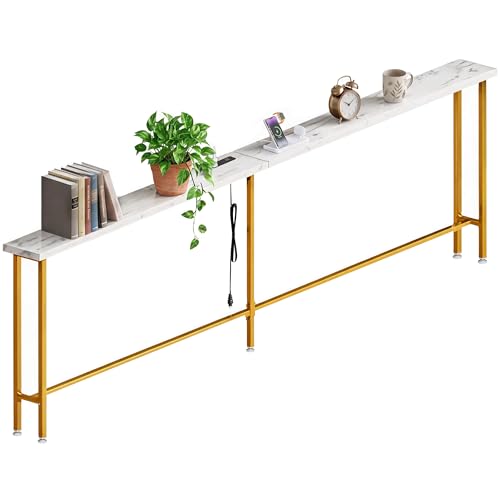 90" Narrow Sofa Table with Outlets (2 AC Outlets & 2 USB Ports), Behind Couch Table with Charging Station, Long Skinny Console Table for Living Room, Entryway and Hallway (White & Gold)